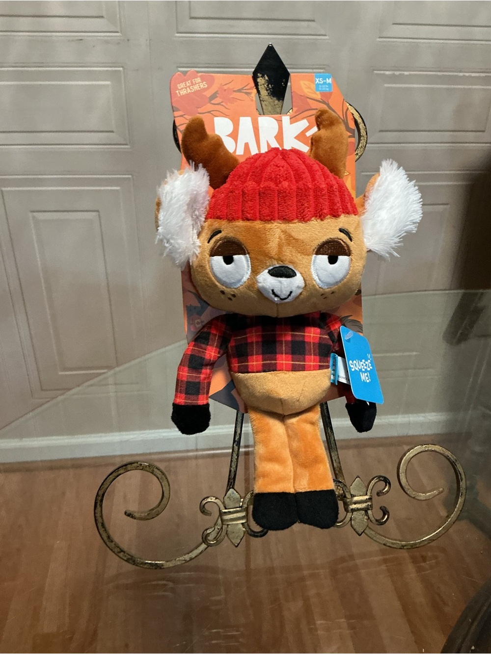 Bark Box  Reindeer Crinkle Squeaker Dog Toy Plush Hat Buffalo Check Sweater 11”